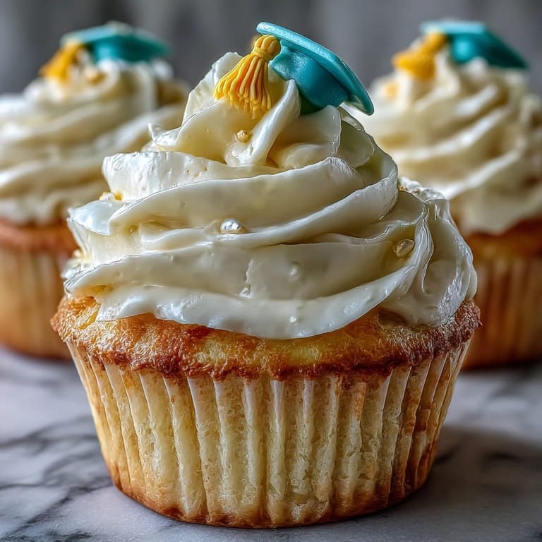 Adorable graduation cupcakes with vanilla buttercream and tiny black fondant caps, perfect for honoring graduates at any party or event.
