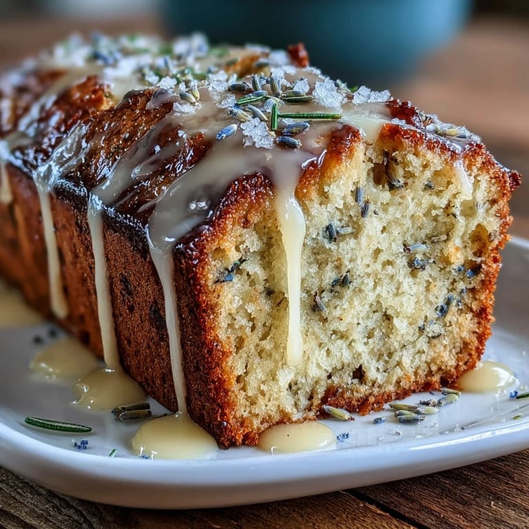 Moist and tender Lemon Lavender Loaf Cake with honey glaze, garnished with edible flowers, perfect for afternoon tea or light dessert.  