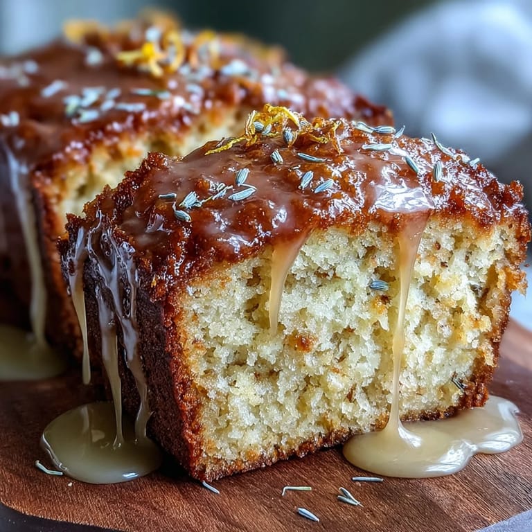 Bright lemon and floral lavender flavors shine in this glazed loaf cake, served on a rustic wooden board with fresh citrus slices.