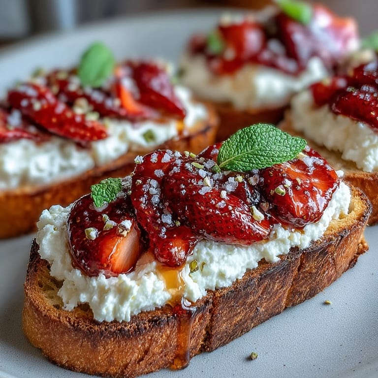 Golden toasted bread piled high with creamy ricotta, strawberries, honey, and pistachios.