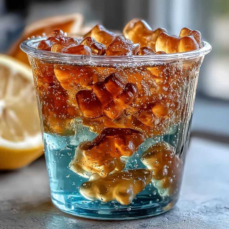 Sweet lemonade jelly cups with embedded gummy bears, perfect summer dessert.