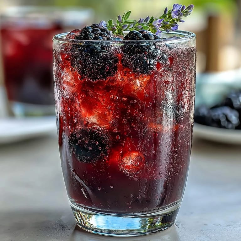 Sparkling Blackberry Lavender Lemonade with ice, garnished with lavender sprigs and juicy blackberries, a refreshing garden party drink.