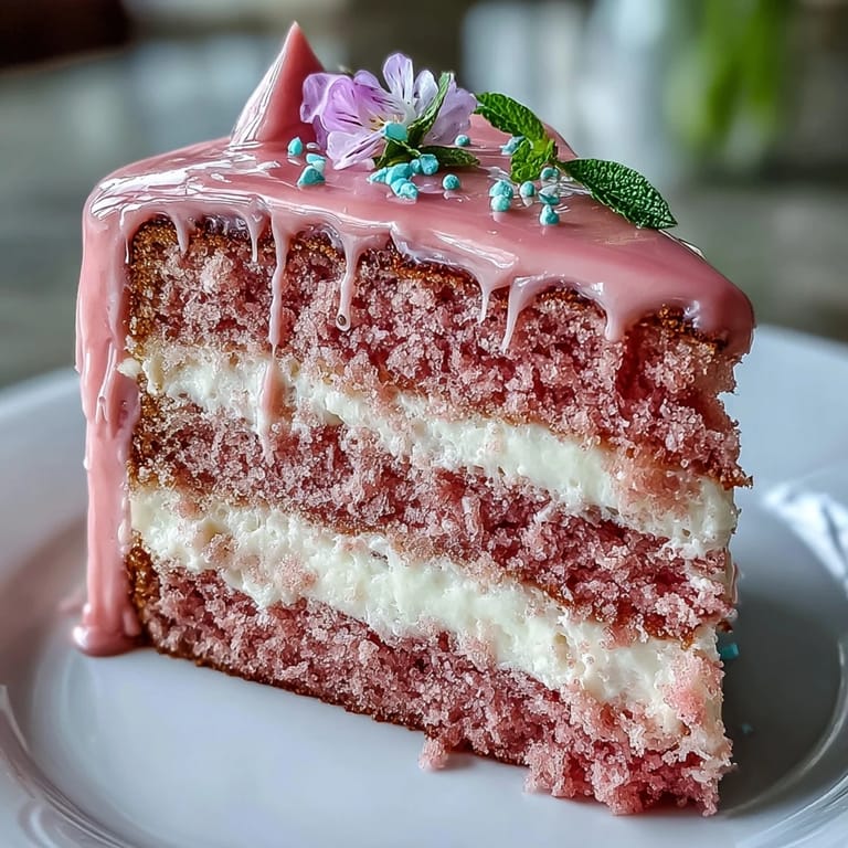 Rich pink Rosé Velvet Cake is frosted richly, perfect for elegant bridal showers.