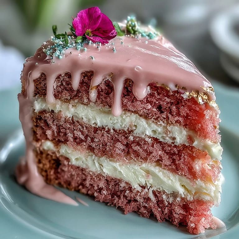 Decadent Rosé Velvet Cake, a beautiful pink confection with shimmering gold accents for celebrations.