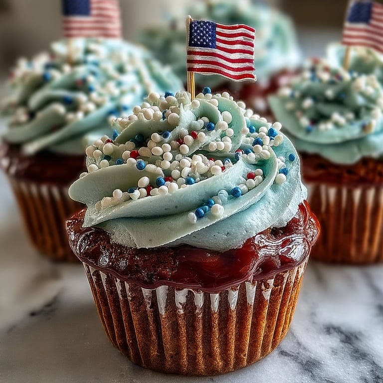 Celebrate Fourth of July with these star-spangled cupcakes, topped with flags.