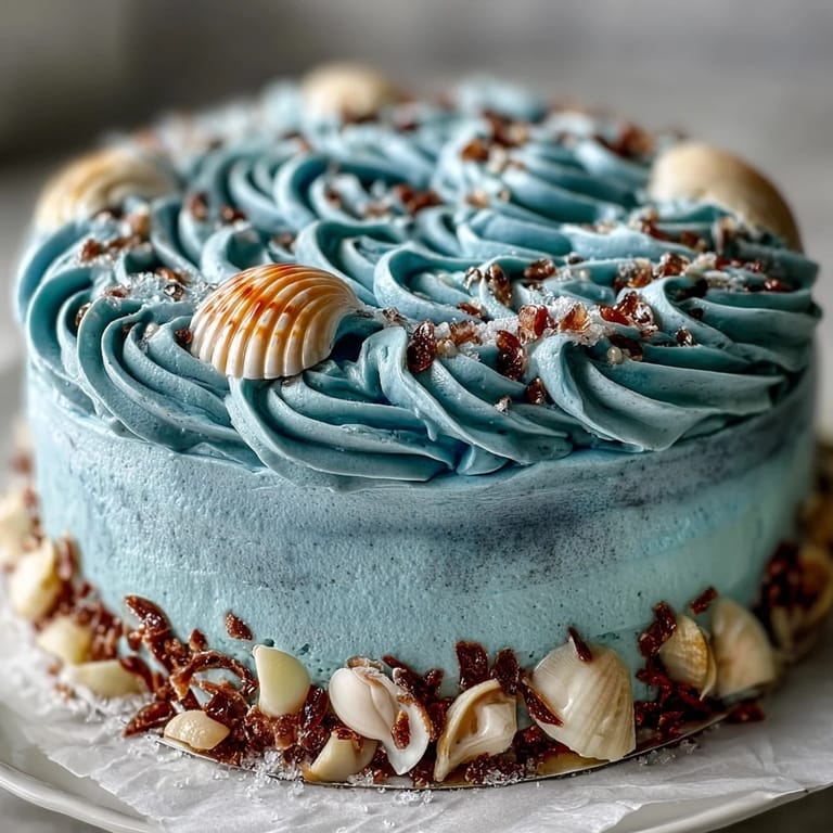 This visually stunning Cancer Zodiac Cake features edible shells atop rich, creamy ocean blue frosting.