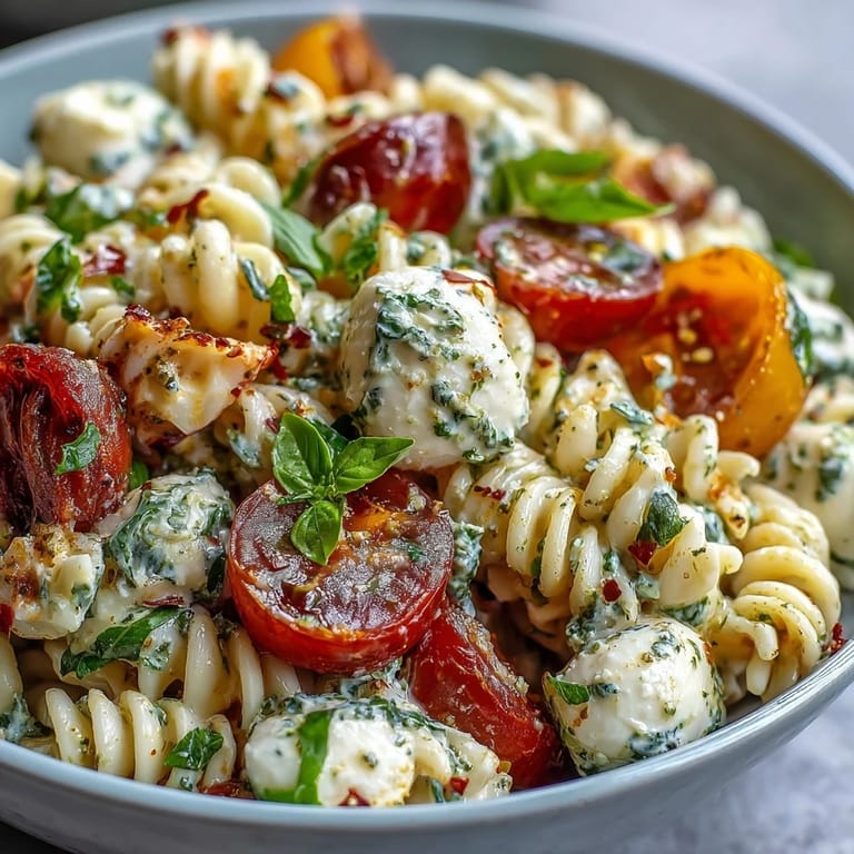 Delicious Caprese Pasta Salad showcasing juicy tomatoes and creamy mozzarella pearls.