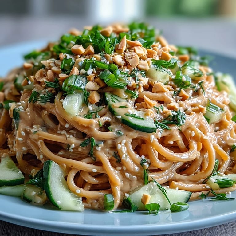 Easy Cold Peanut Sesame Noodles featuring crunchy peanuts and cooling cucumber slices.