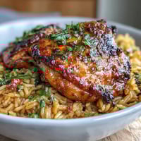 Vibrant Nandos Portuguese chicken and rice with seared thighs, aromatic rice, and colorful bell peppers in one pot.