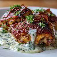 Juicy zaatar-spiced chicken thighs roasted golden and drizzled with creamy tahini-garlic sauce for a bold, Middle Eastern-inspired meal.