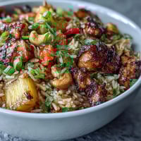 Vibrant pineapple chicken fried rice with cashews, colorful veggies, and juicy pineapple chunks in a sizzling wok.