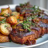 Tender steak bites seared golden brown and tossed with crispy baby potatoes in a fragrant garlic butter sauce, garnished with fresh herbs.  