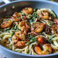 A vibrant one-pot garlic shrimp pasta with angel hair, cherry tomatoes, and snap peas in a zesty lemon sauce.
