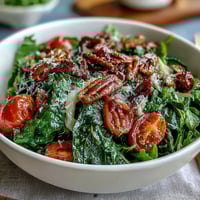 Fresh dandelion greens salad with lemon vinaigrette and Parmesan, topped with cherry tomatoes and pine nuts for a vibrant, healthy dish.
