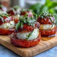 Caprese skewers with pesto drizzle on a white platter, featuring juicy cherry tomatoes, creamy mozzarella balls, and fresh basil leaves, all glistening with vibrant green pesto sauce.