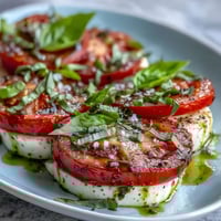 A vibrant Caprese salad with juicy tomatoes, creamy mozzarella, and fresh basil leaves drizzled with fragrant basil oil.