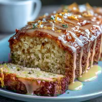 A golden Lemon Lavender Loaf Cake drizzled with honey glaze, topped with fresh lemon zest and lavender buds for a fragrant, elegant dessert.  