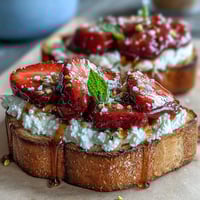 Strawberry honey ricotta toast topped with fresh strawberries and crunchy pistachios.